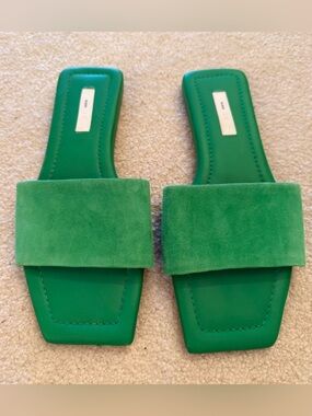 H&M Suede Leather Slide Sandals Green Square Toe Womens EU 38 US 7 Like NEW
